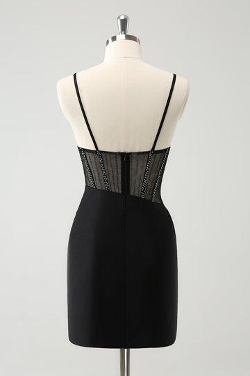Svart Bodycon Spaghetti Stropper Korsett Kort Homecoming Kjole Med Perler